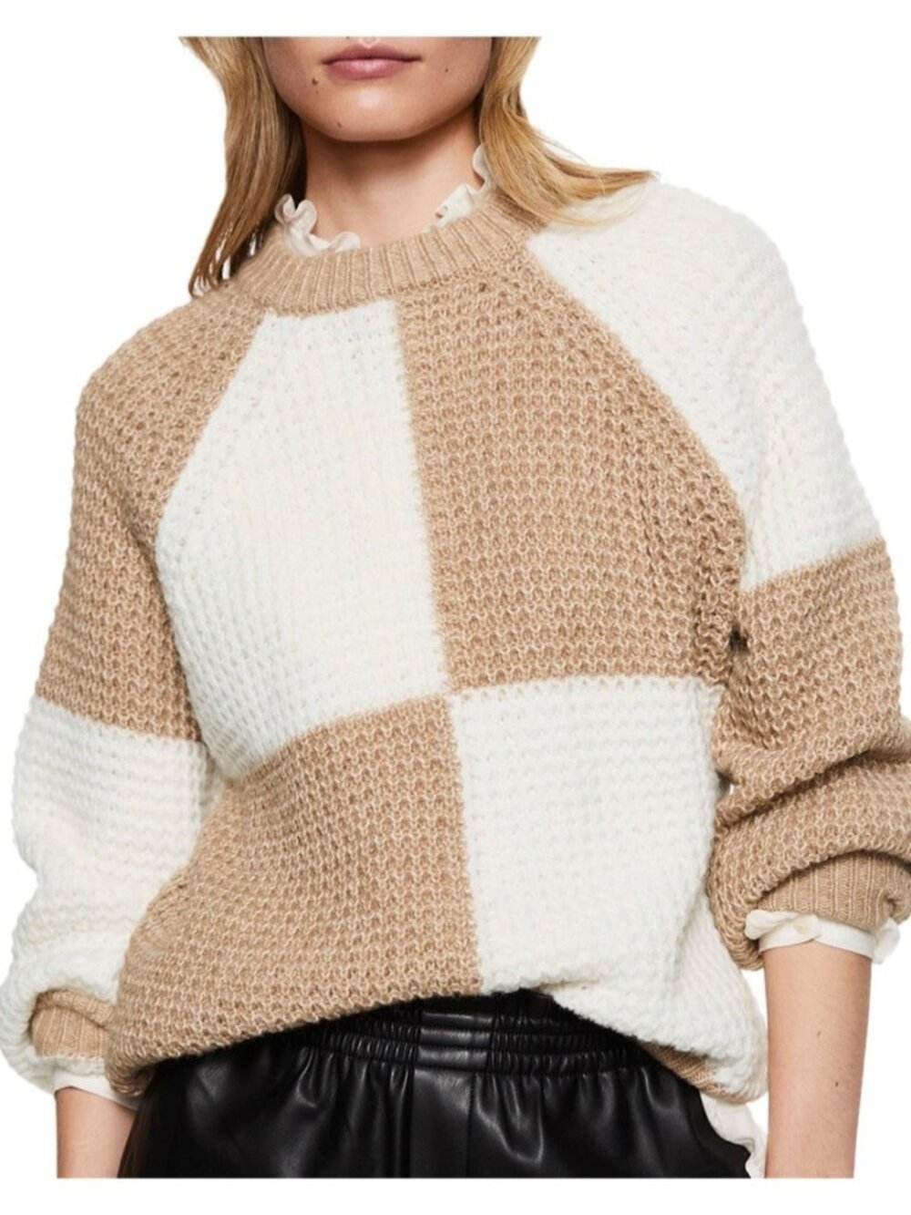 Mango Sweater Size M Checkered Colorblock Textured Knit Pullover Slouchy Indie - Picture 2 of 10
